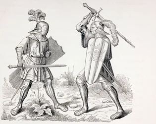 Two 15th Century Fully Armoured Knights Fighting with Swords and Shields, from 